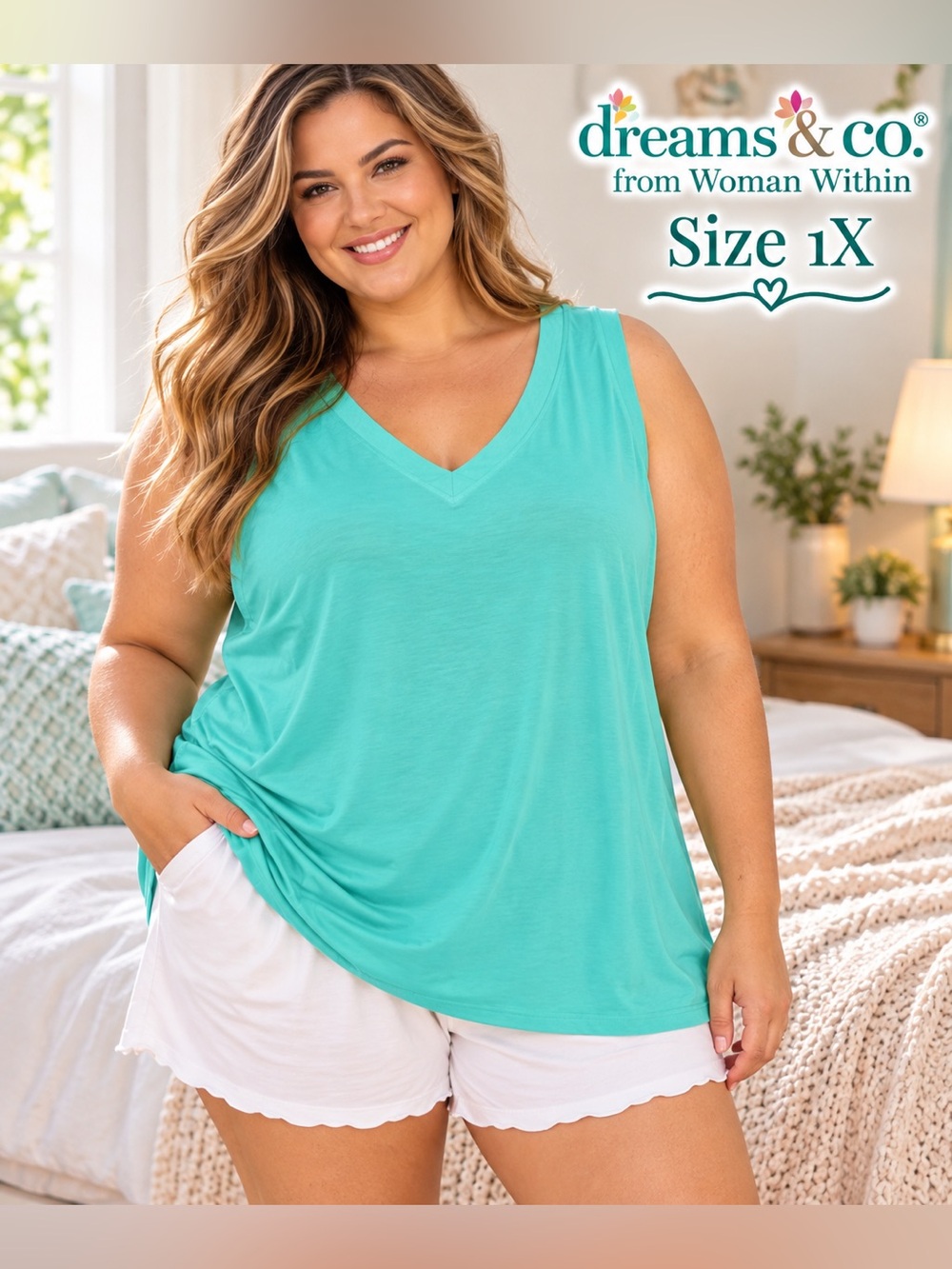 Dreams & Co Woman Within 1X 22/24 Aqua V-Neck Sleeveless Sleep Lounge Tank